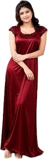 Generic Satin Full Length Nighty for Women, Maroon Maxi Night Gown with Lace Detail, Soft Breathable Fabric, Stylish Night Dress