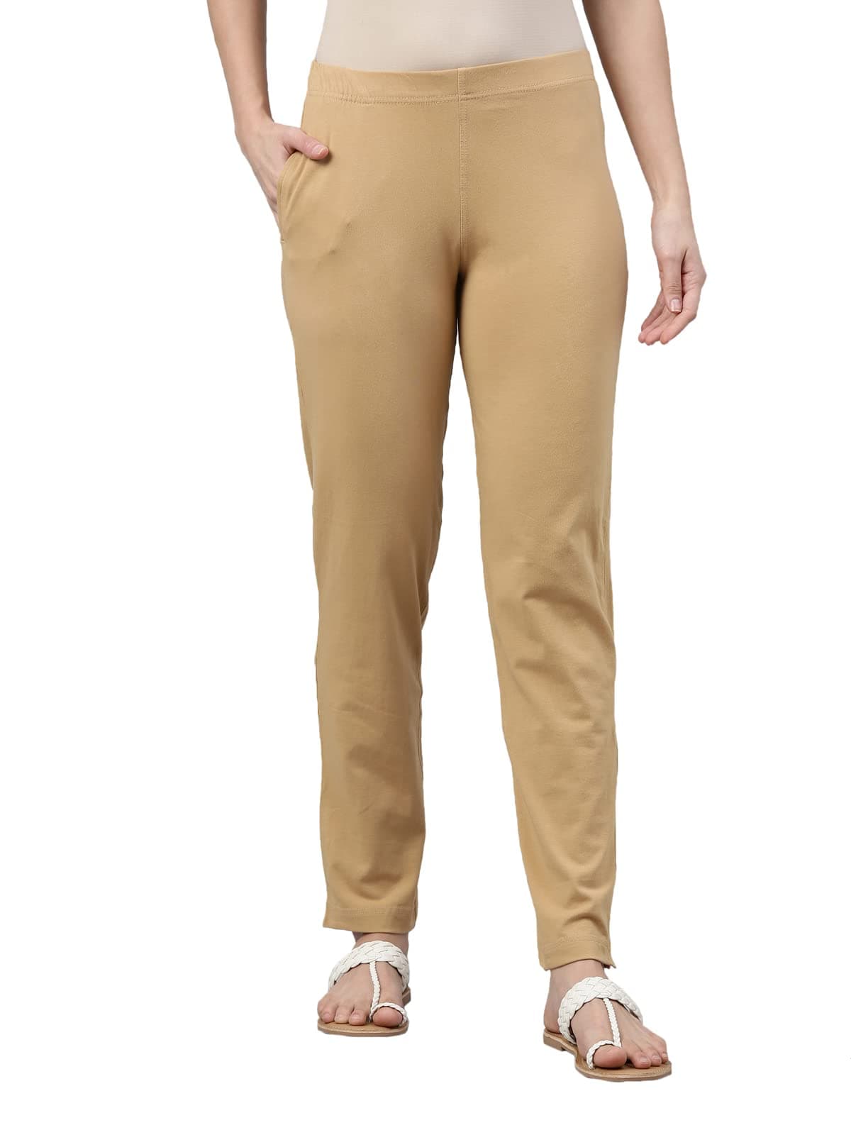 GO COLORS Women Cream Mid Rise Regular Fit Cotton Kurti Pant