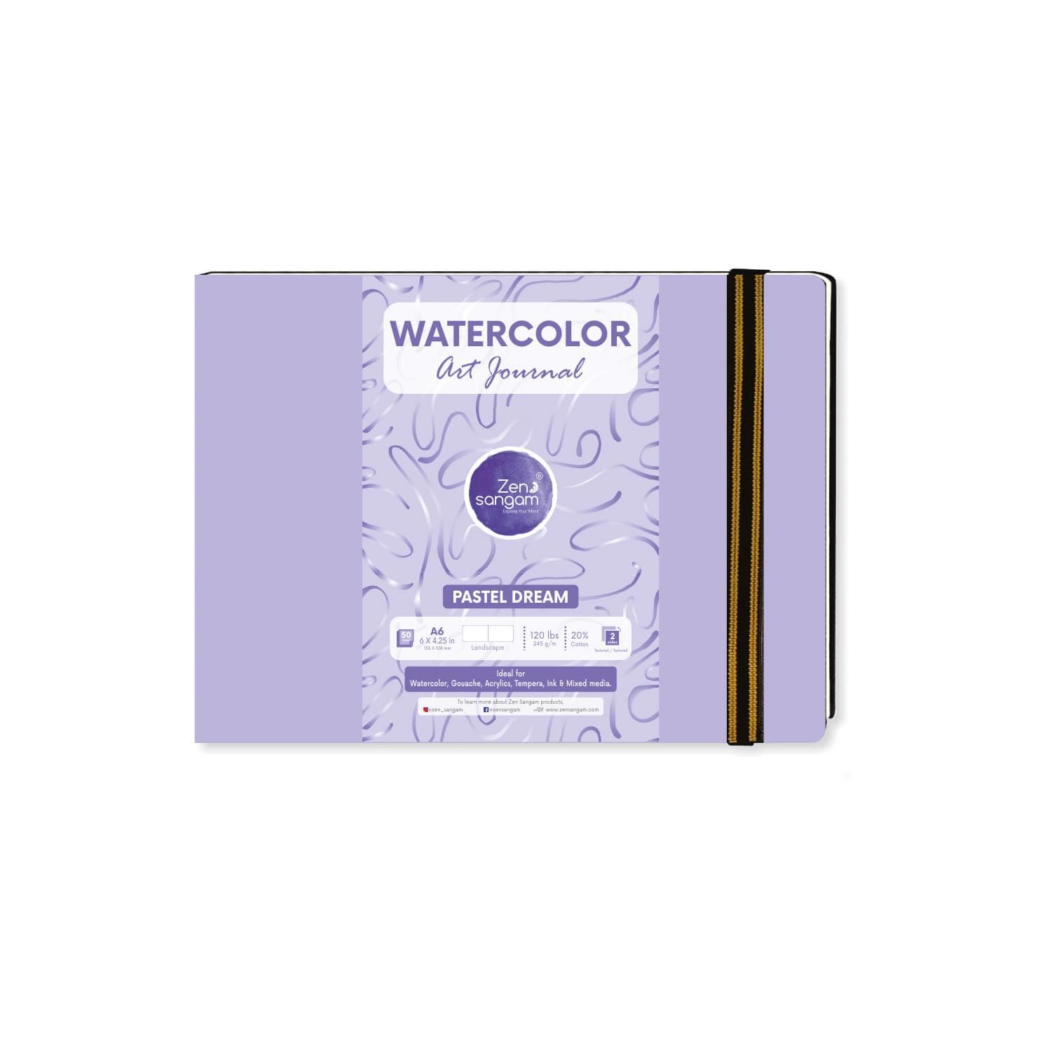 Zen Sangam Artists' A6 Watercolor Art Journal Landscape, 245 GSM, 25 Sheets(50 Pages) 20% Cotton Cold Pressed | Durable Sketchbook for Artists, Professionals | Acid-Free | 10.5x14.8cm | Pastel Purple