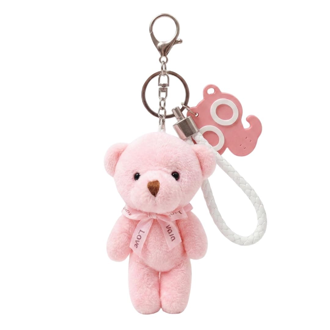 TYPIFY Cute Teddy Bear Keychain for Girls | Soft Plush Toy with Pink Bell & Braided Loop | Bag & Car Hanging Charm | Stylish Keyring for Gifting – Birthday, Friendship Day
