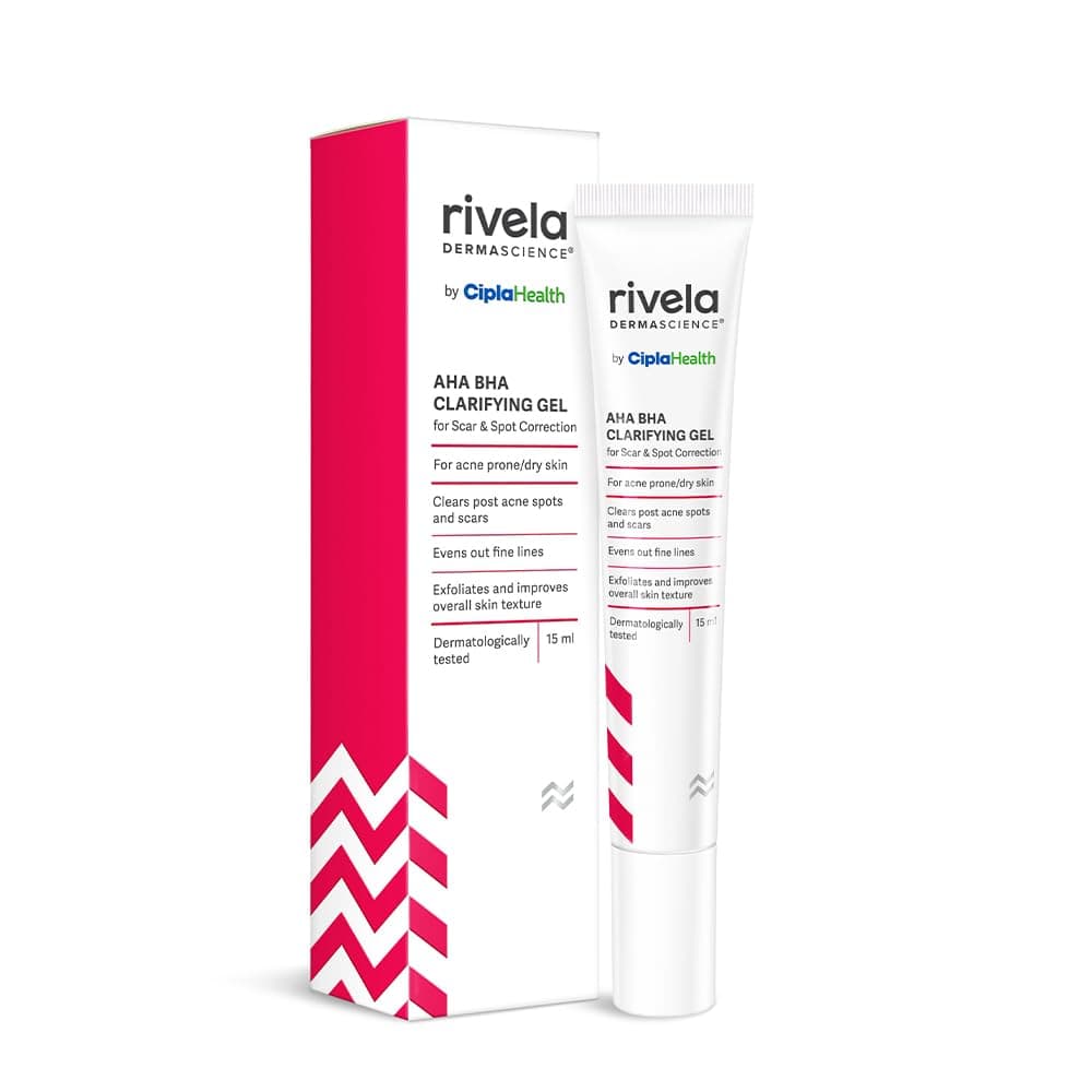 Rivela Dermascience AHA BHA Scar and Spot Correction Gel By Cipla | Clarifying Gel For Acne Prone Skin | Clears Post Acne Spots and Scars | Evens Out Fine Lines | 15 ml | Pack of 1