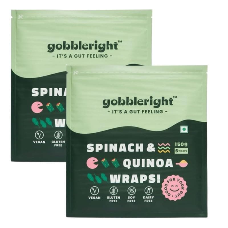 GOBBLERIGHT Spinach & Quinoa Wrap 150g (6 Wraps - Pack of 2) | Low GI & High in Protein | Plant Based & Fibre Packed | Gluten Free & Vegan | Healthy Frozen Tortilla for Burrito, Wraps, Tacos