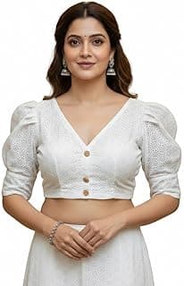 Hitarth Fashion Women's Trending Pure Cotton Hakoba Blouse With V Nack & Puff Sleeve