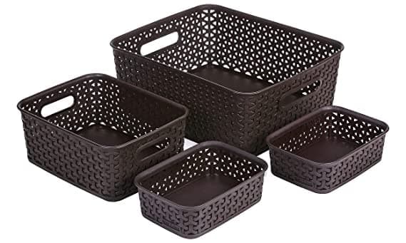 WIDE MART Plastic Royal Baskets for Storage (Brown, Medium, Small and A6 x 2) - Set of 4 Pieces | stylish storage baskets