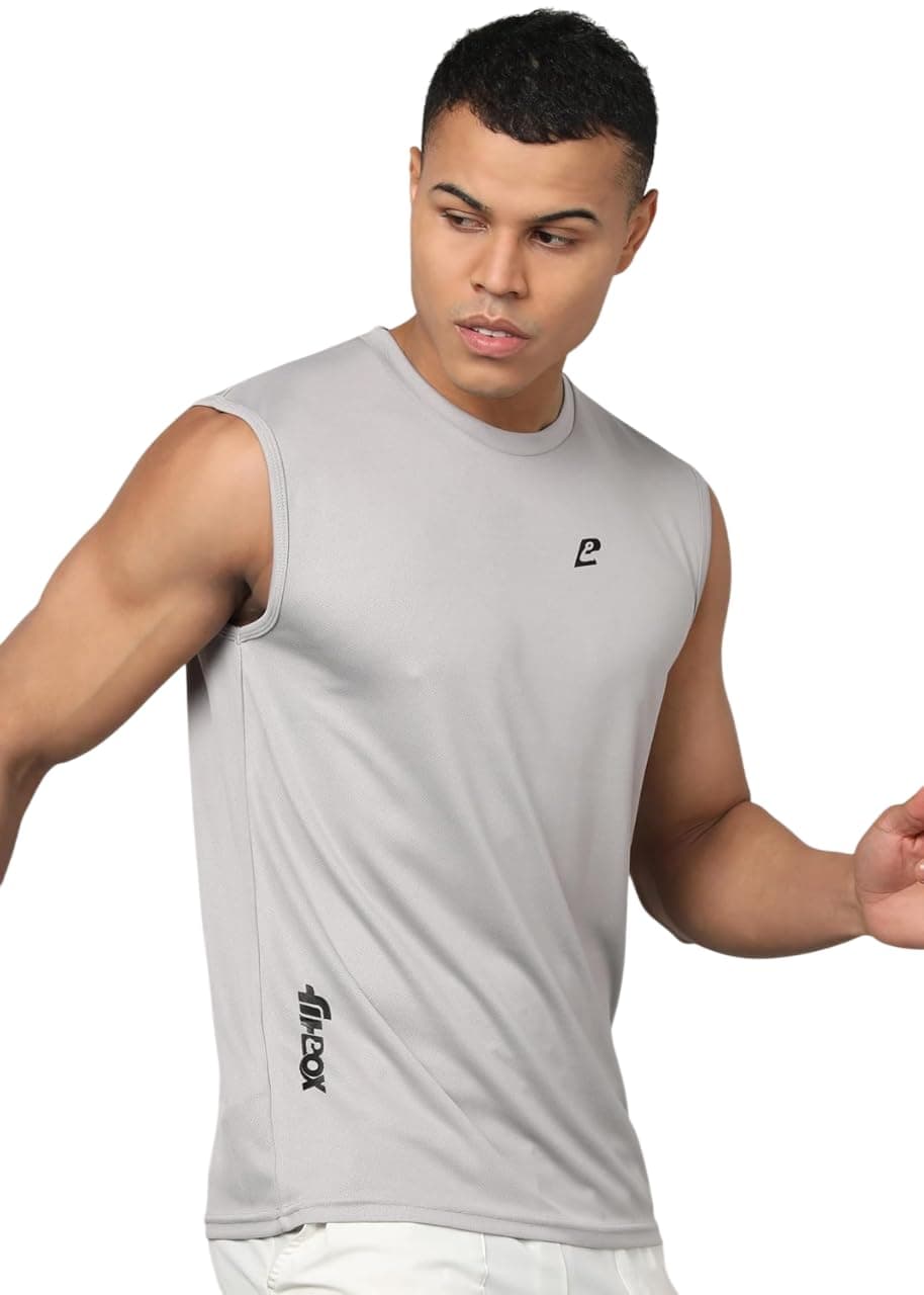 FitBox Sports Breeze Sleeveless T-Shirt for Gym, Comfortable Cardio & Workout Use, Lightweight Fabric (Micro Process Polyster with Wicking) Grey- L