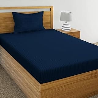 IVAZA 220 Cotton Feel Glace Cotton 1 Single Bedsheet with 1 Pillow Cover (90X60 Inch) Navy Blue