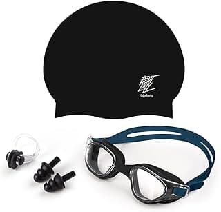 Lifelong Silicone Swimming Combo Kit | Waterproof Swim Cap with Earplugs & Nose Clip | Anti-Fog Swim Goggles | Comfortable Fit Swimming Accessories (Blue)