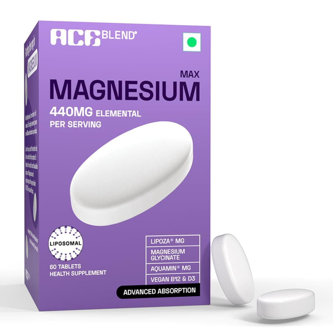 Ace Blend Max Magnesium Glycinate (60 tablets) | 1600mg Triple Complex | 440mg Elemental Magnesium | Calcium, Vegan Vitamin B12 & D3 | Promotes Deep Sleep, Muscle Recovery & Heart Health