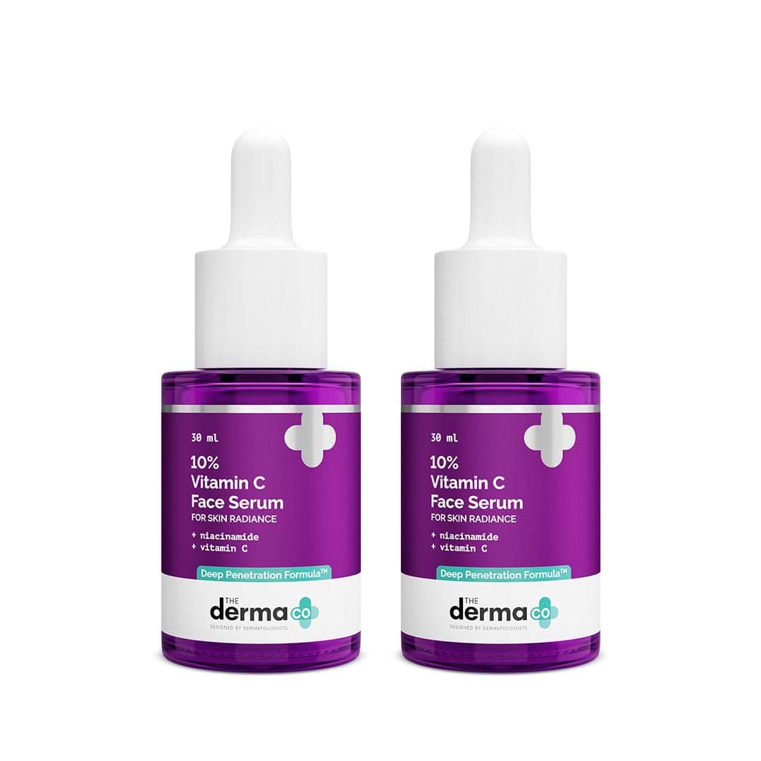 The Derma Co 10% Vitamin C Face Serum with 5% Niacinamide, Powered by Deep Penetration Formula™ | Fades Dark Spots | Reduces Pigmentation | Boosts Collagen | Brightens Skin | All Skin Types | 30 ml (Pack of 2)