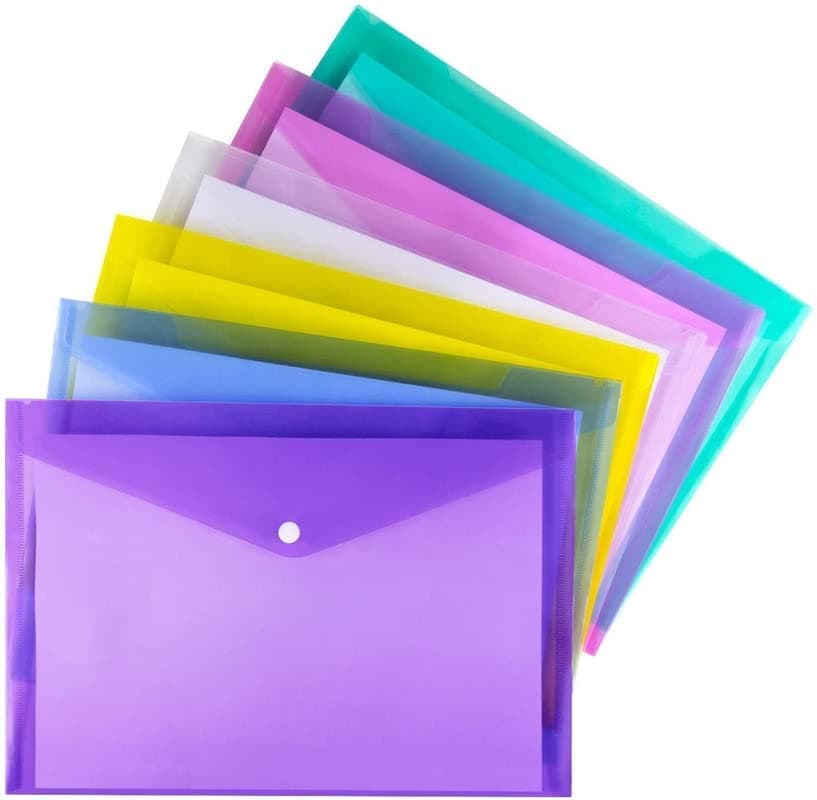 CAMPIO Premium A4 FS Size Envelope Document Folder Storage Case, Clear Plastic File Organizer with Snap Button, Multicolor Holder for Certificates, Papers & Stationery (Pack of 5)