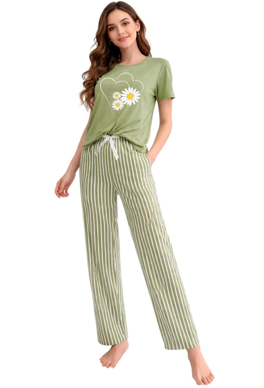 FERY London Women’s 2-Piece Pajama Set – Short Sleeve Top & Pants Lounge Set, Soft Breathable Sleepwear Night Suit for Women