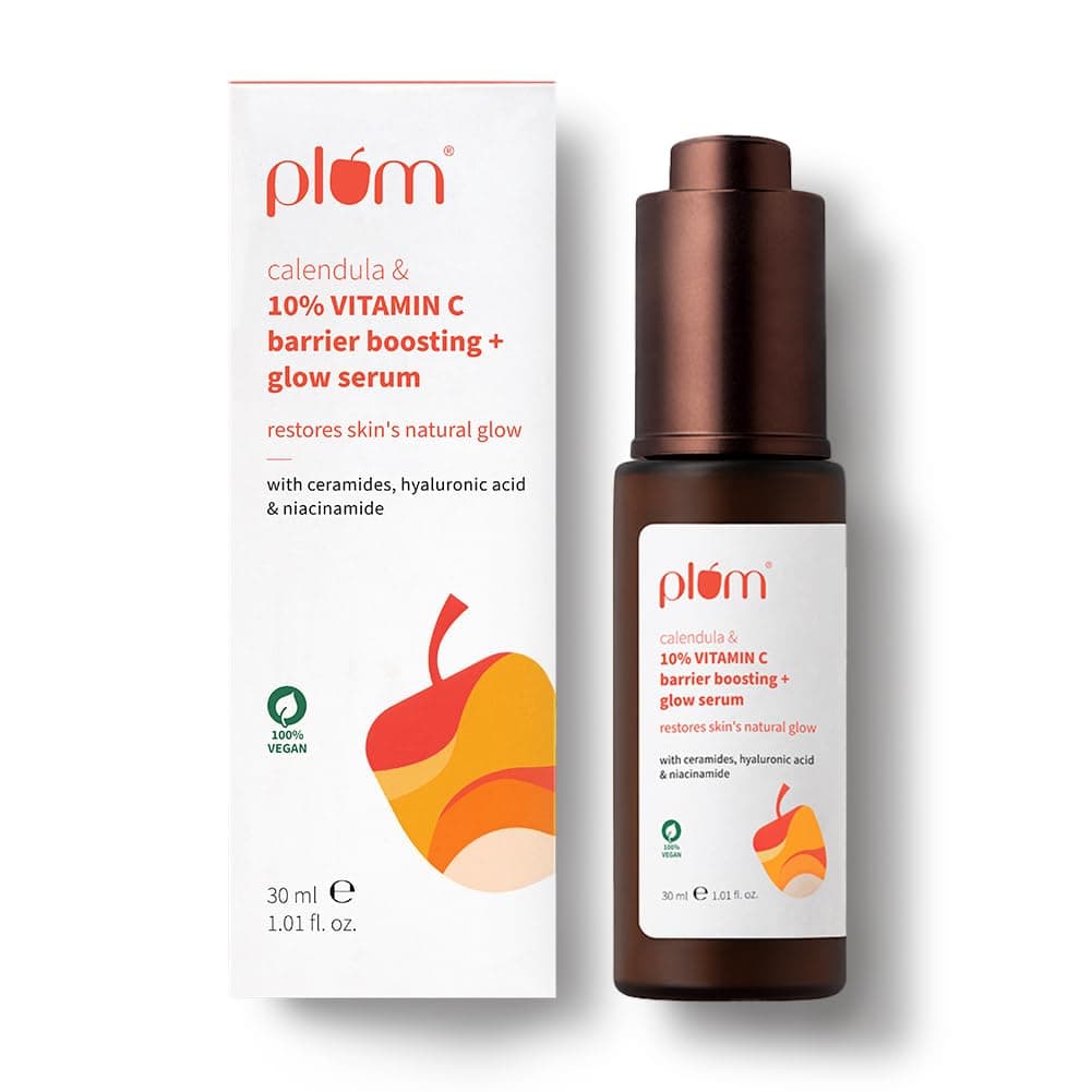 Plum 10% Vitamin C & Calendula Barrier Boosting + Glow Serum 30ml | With 3% Niacinamide, 1% Hyaluronic acid & 1% Ceramide complex | Clinically proven to reduce pigmentation & dark spots in 14 days | Boosts glow from 1st use | Men & Women | For all skin types