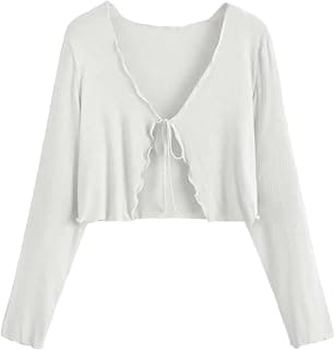 Generic Women’s Cropped Tie-Front Shrug Cardigan | Soft Ribbed Knit Long Sleeve V-Neck Top | Stylish Summer Cardigan, Casual Beach & Vacation Wear | Shrug for Woman