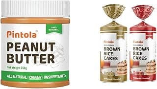 Pintola Combo - All Natural Peanut Butter Creamy 350g +Rice Cakes (Unsalted & Multigrain) (Pack of 2) (130g x 2), 100% Roasted Peanuts butter, Unsweetened Protein Nut Butter With Organic Rice Cakes