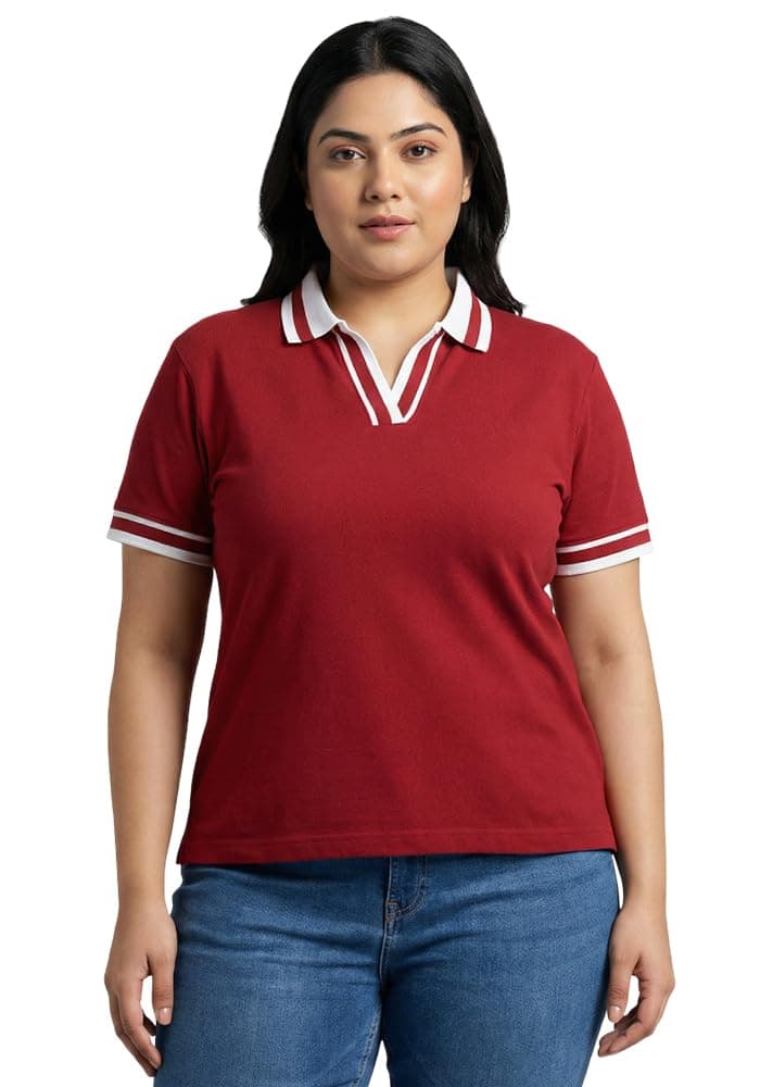 Wear Your Opinion Plus Size Women Polo V Neck Stripe Collar Tshirt Top | Half Sleeve