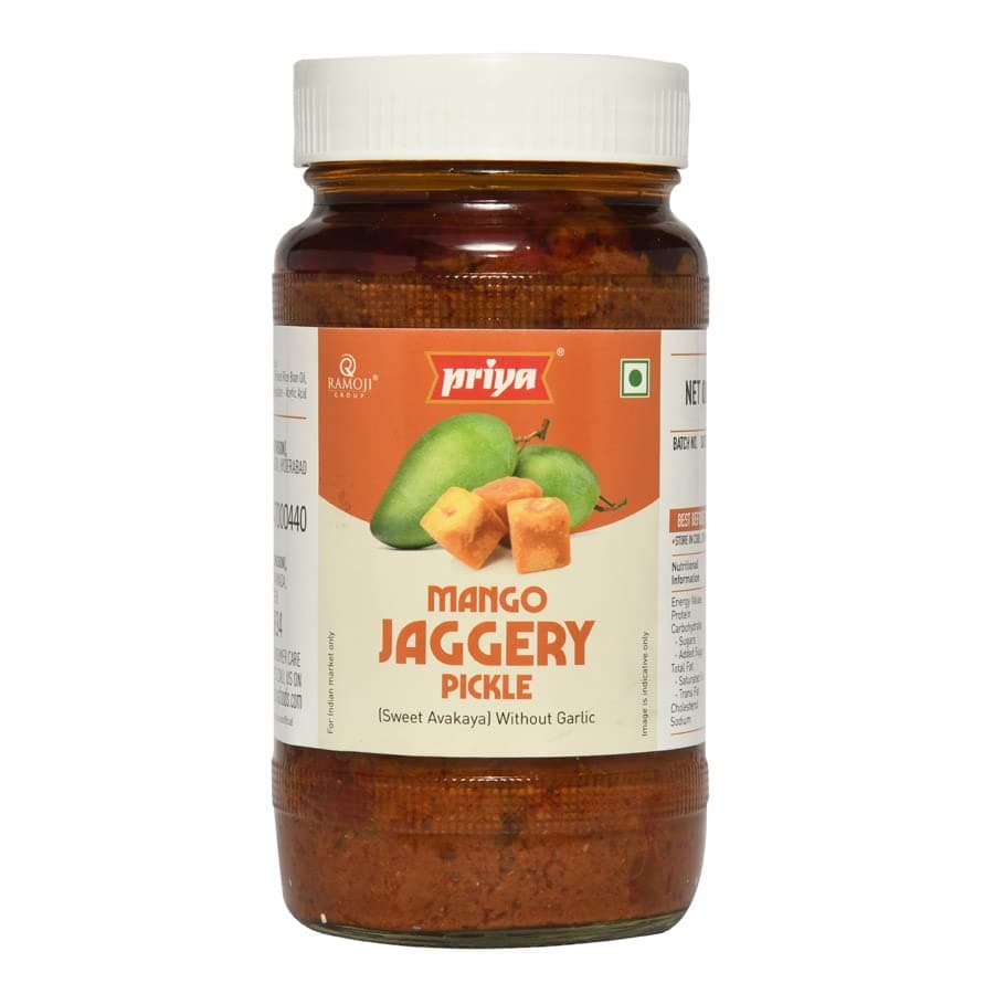 Priya Mango Jaggery Pickle without Garlic, 500g - Authentic Telugu Style Achar| Traditional South Indian Taste| Homemade Mango Jaggery Achar| Sweet and Tangy| Glass Jar