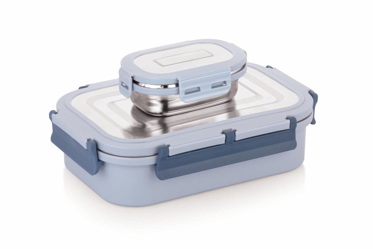 WARMEO Delight Insulated Stainless Steel Airtight Leak-Proof Lunch Box with Clip Lock Lid,Light Weight, Easy to Clean, Perfect for Office, School, Picnic & Travelling, Combo(800ml+150ml), Blue & Grey