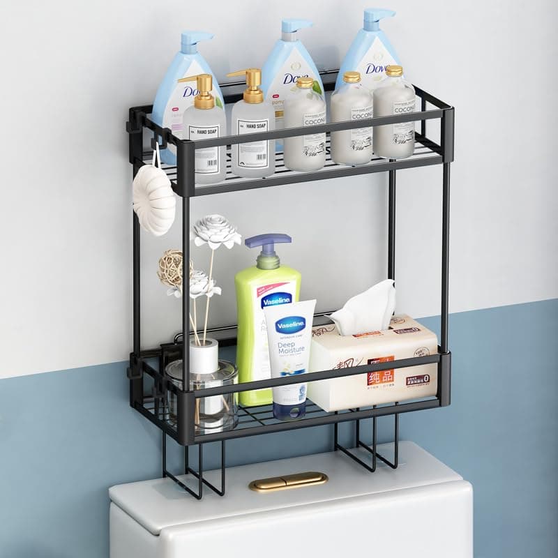 Zenlyf 2-Layer Bathroom Shelves & Accessories, No Drill Wall Rack Above Toilet with Carbon Steel Storage Organizer, Self Adhesive Vanity Cabinet, Shampoo Holder, Wall Mounted Shelf