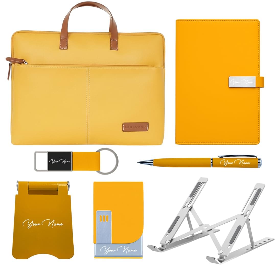 Giftana 7 in 1 Laptop Bag with Personalized Diary & Pen, Keychain, Card Holder, Mobile Stand, Laptop Stand Set, Customized Gift for Husband, Employee Welcome Kit, Corporate Gift for Employees (Yellow)