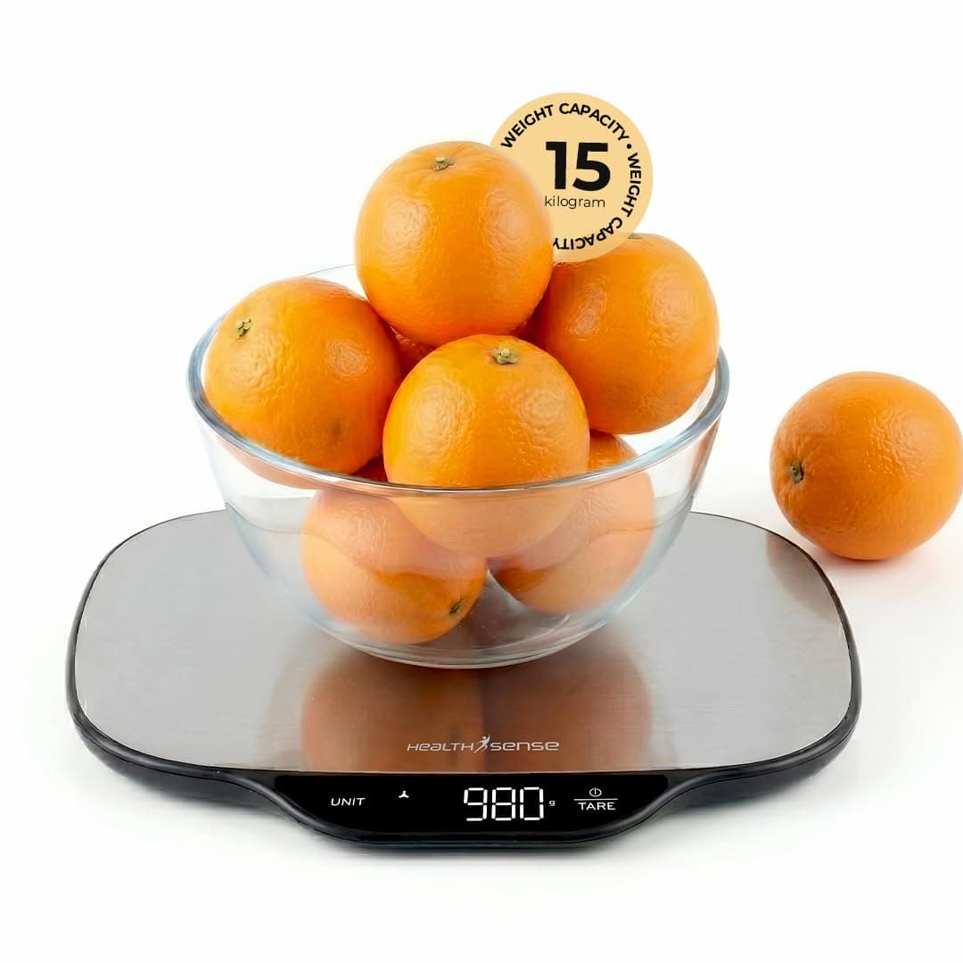 HealthSense Weighing Machine for Food | Digital kitchen weight scale with 15 kg Capacity, Stainless Steel Platform, 1 g Accuracy, Large LED Display, Touch Control, Auto-Off, 1 Year Warranty KS90