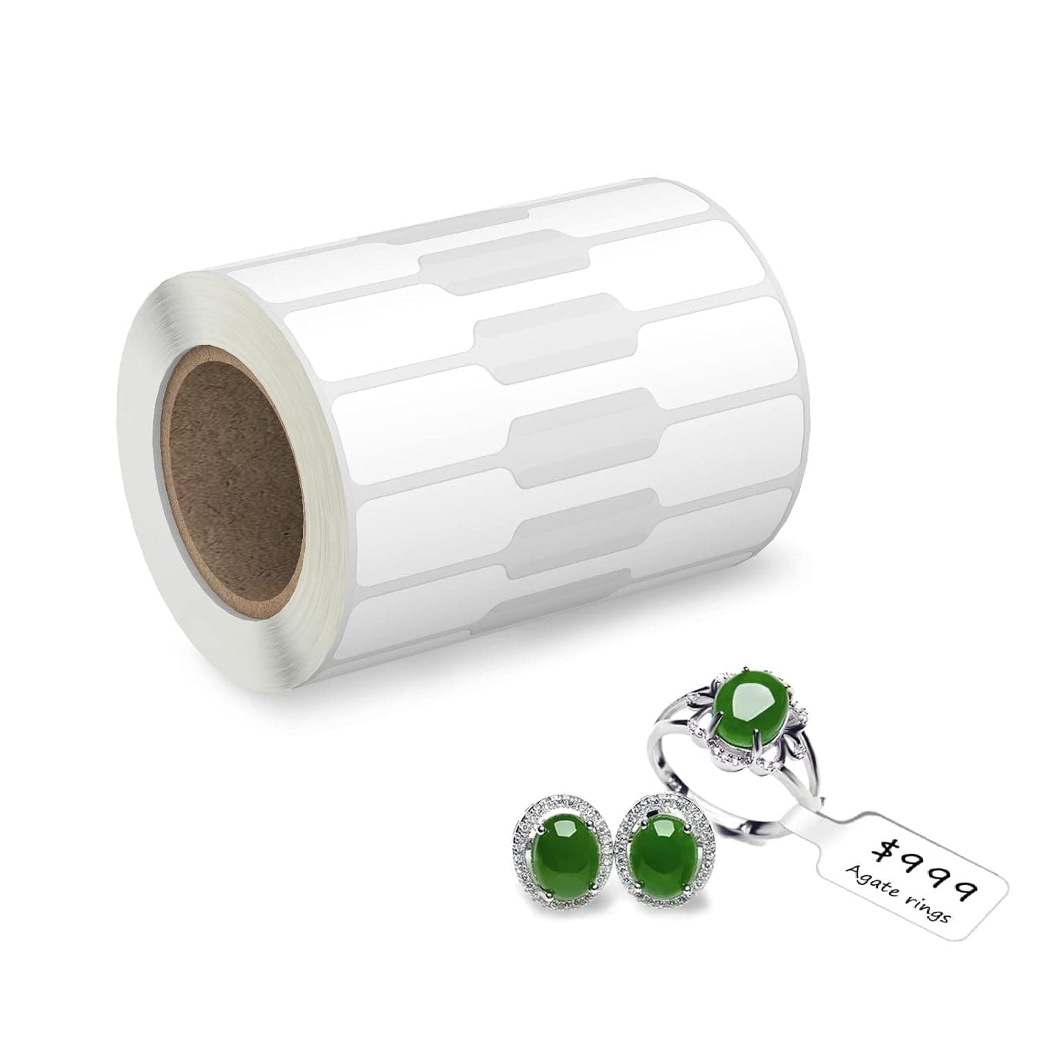 True-Ally 1000Pcs Jewelry Tags Roll Self Adhesive | White Blank Dumbbell Stickers | 100x20mm (20x40mm writable Area) Labels for Necklace, Earring, Bracelet, Ring, Clothing Price Display, Wire Tags