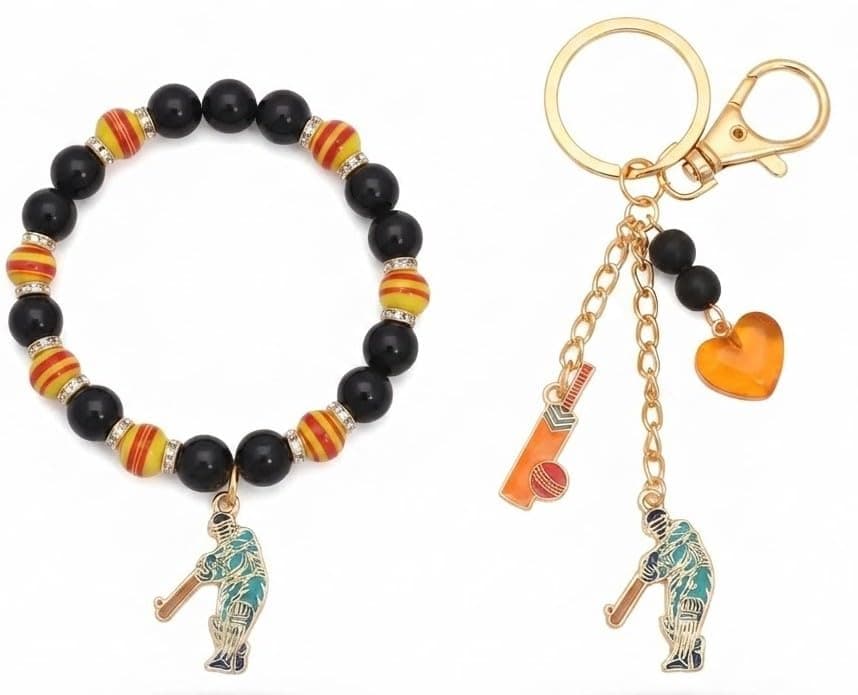 Cricket Rakhi Bracelet for Brother with Matching Keychain in a Gift Box | Handcrafted beaded cricket Rakhi bracelet with matching keychain gift box for brother, perfect for Raksha Bandhan gifting.