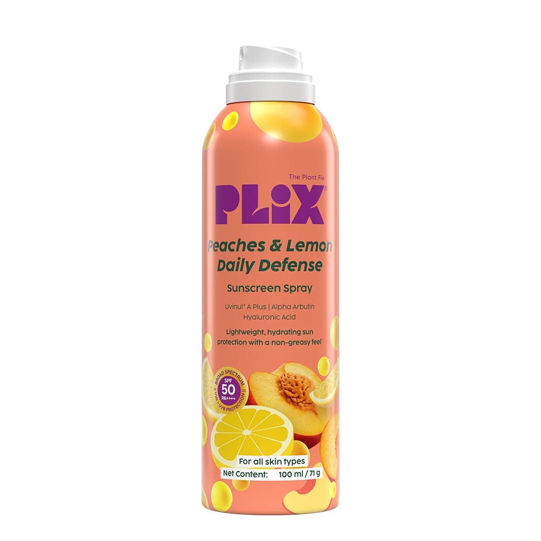 PLIX THE PLANT FIX Peaches & Lemon Daily Defence Sunscreen Spray With New-Age UV Filters | In Vivo Tested SPF 50 PA++++ | Lightweight Body Sunscreen Spray