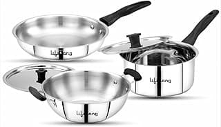 Lifelong 5 Piece Stainless Steel Cookware Set|2.2L Kadhai with Lid 22cm|1.4L Fry Pan 22cm|1.2L Saucepan 16cm|Comes with Two Lid|Induction & Gas Compatible|Bakelite Handles|Easy to Clean (Silver)