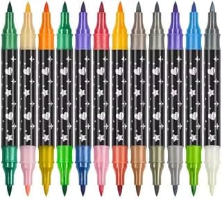 Amitasha 24 Color Shades Art Marker Glitter Brush Pen Set Soft Dual Tip Water-based Shimmer Colors Sketch Pen for Kids Adults DIY Greeting Birthday Cards Scrapbook (12 Pens = 24 Colours)