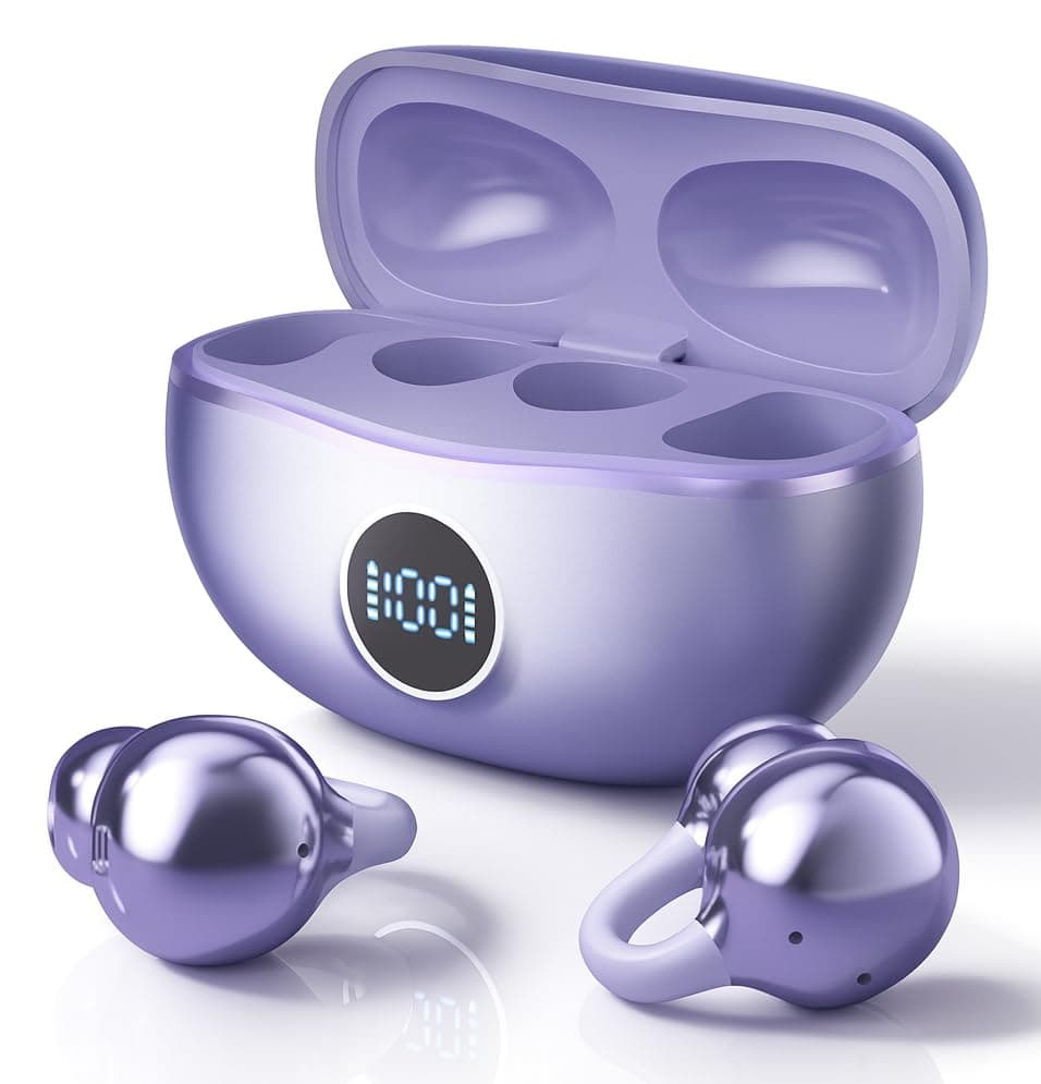 VEHOP S88 Open Ear Clip-On Earbuds with Battery Indicator Display OWS Wireless Earphones | Situational Awareness | 40 Hrs Playback | Bluetooth V5.4 | ENC Mic for Calls | 40Ms Low Latency Gam (Purple)