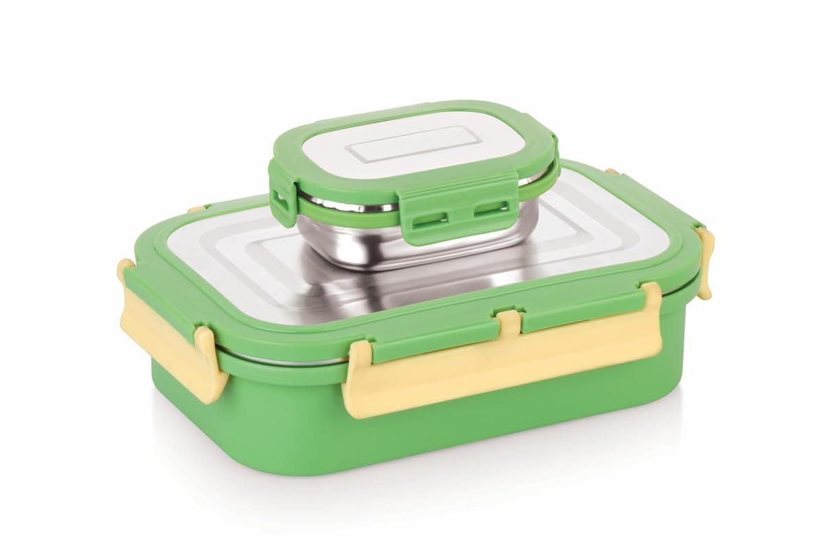 WARMEO Delight Insulated Stainless Steel Airtight Leak-Proof Lunch Box with Clip Lock Lid, Light Weight, Easy to Clean,Perfect for Office, School & Picnic Combo (800ml+150ml), Light Green & Yellow