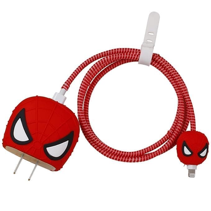 Sounce 18W 20W Charger Protector with Cute 3D Superhero Cartoon Design Silicone Charger Case and Wire Saver Cable Protection Sleeve for Adapter Cord Earphone USB Charging Accessories Daily Use (Red)