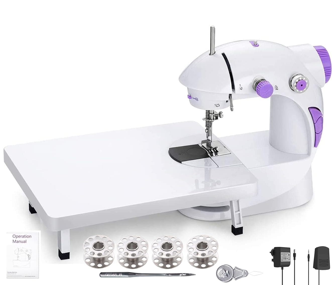 Kiwilon Electric Sewing Machine With Table Set, Mini Silai Machine For Home Tailoring, Stitching Machine With Foot Pedal, And Adapter (SM-ET-201-Purple)