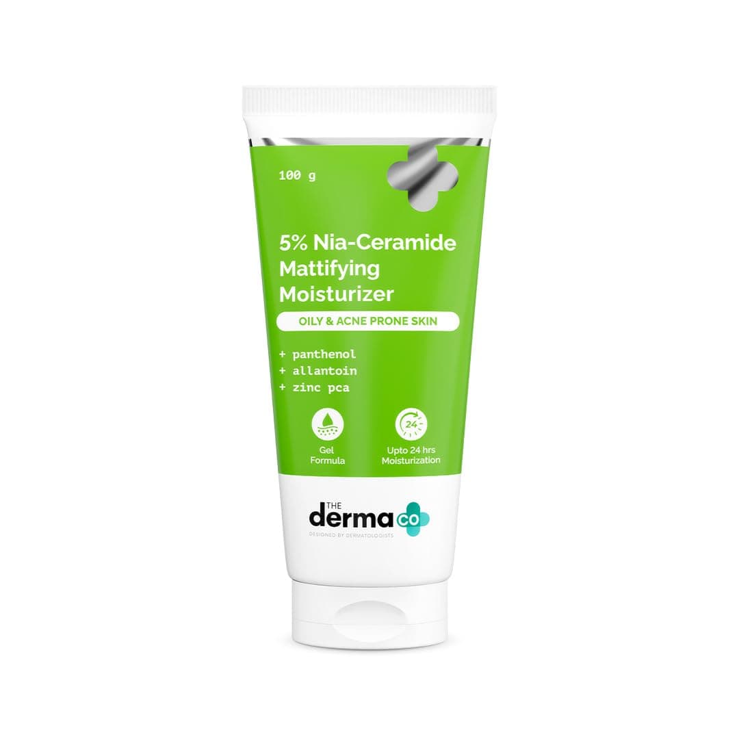 The Derma Co. 5% Nia-Ceramide Mattifying Moisturizer -100 g | For Oily to Acne Prone Skin | 5% Niacinamide, 2% Ceramide | 24 hrs. Moisturization | Panthenol, Allantoin & Zinc PCA | Oil-free Moisturizer