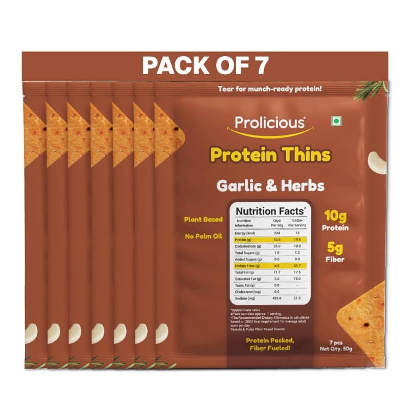Prolicious Thins Garlic & Herbs High Protein Chips | Upgrade Your Snacking | 10g Protein + 5g Fibre | Same Crunch, Snack Smarter | Plant Based | No Palm Oil | 50g, Pack of 7