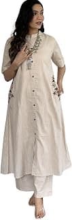 Women's Cotton Embroidered A-Line Kurti with Pant (Beige-XL)