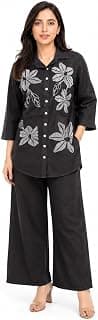 Women's Denim Co-ord Set, Floral Embroidered Long Shirt with Wide Leg Palazzo Pants