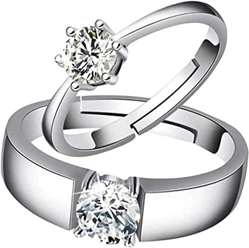 MEENAZ Couple CZ AD Solitaire Rings Single Valentine Gifts Silver Platinum Love Heart Brass Proposal Finger Ring set Combo for women Couples girls Men Boys girlfriend lovers CFRM158