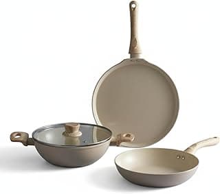 Lifelong 3 Piece Forged Cookware Set With Common Lid |2.2L Kadhai with Lid 24cm |Ceramic Coated |1.4L Fry Pan 24cm | 1.2L Tawa 26cm |Induction & Gas Compatible | Non-Riveted Handle | Non-Stick Coating