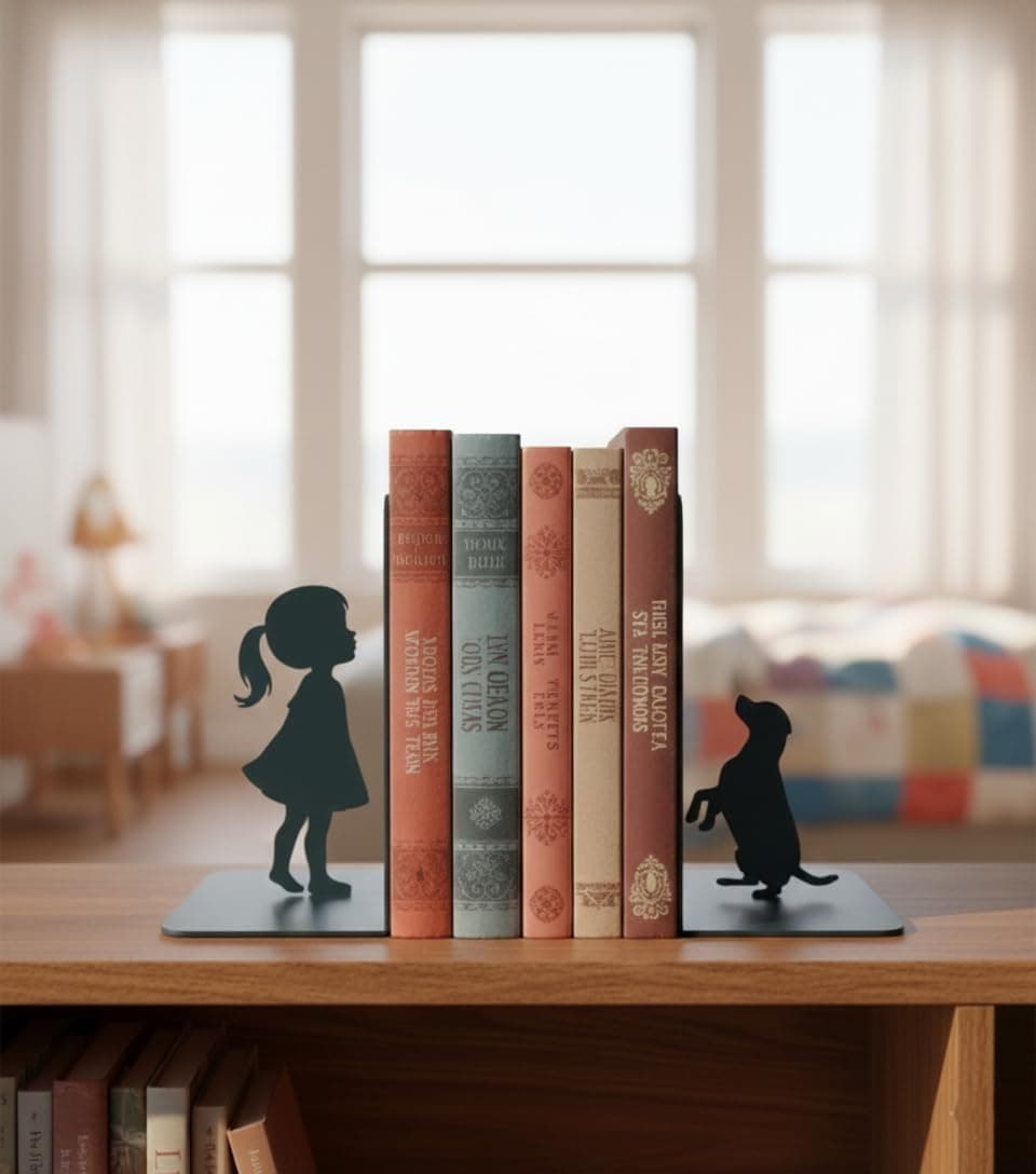 Amazon Brand Solimo Girl & Dog Silhouette MS Metal Bookend Set of 2 Aesthetic Black Heavy-Duty Book Holder for Home, Office & Bedroom, Decorative Bookshelf Organiser for Study Table & Reading Corners