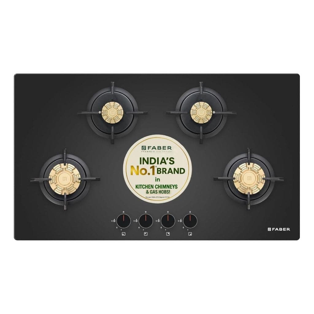 Faber 4 Burner 90Cm HOB |Auto Ignition| HOB PRIME HT904 CRS BR CI AI |Metal Knobs| Cast Iron Pan Support|HOB/Cooktop Hybrid|Black Glass Finish |5 Yrs Warranty On Glass,Valve & 2 Yrs On Burner