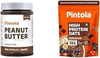 Pintola Peanut Butter Chocolate Flavour Crunchy 500g - 18.6g Protein & 5.2g Dietary Fiber, Made + PINTOLA 25g High Protein Oats 1kg, Dark Chocolate,No Refined Sugar, with Almonds Raisin, Pumpkin