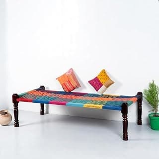 Solid Sheesham Wood Charpai Khat | Handcrafted Daybed Khatiya Charpai with Cotton Rope | Traditional Khat Bed Wooden Diwan Cot for Living Room | 6X3 Feet | Colorful 002, Multicolor