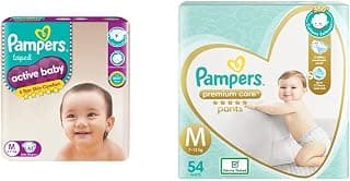 Pampers Active Baby Taped Diapers, Medium (M) 62 Count & Premium Care Pants, Medium (M) 54 Count, Softest Ever