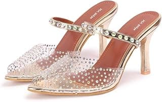 Women & Girls Rhinestone Transparent Mule Heels | Pointed Toe Slip On Sandals Studded Strap Footwear