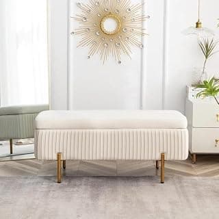 LEGACY OF COMFORT Miajah Velvet Upholstered Flip Top Storage Bench 2 Seater Sofa Upholstered Ottoman Bench with Storage for Living Room, Bedroom (Ivoryy)