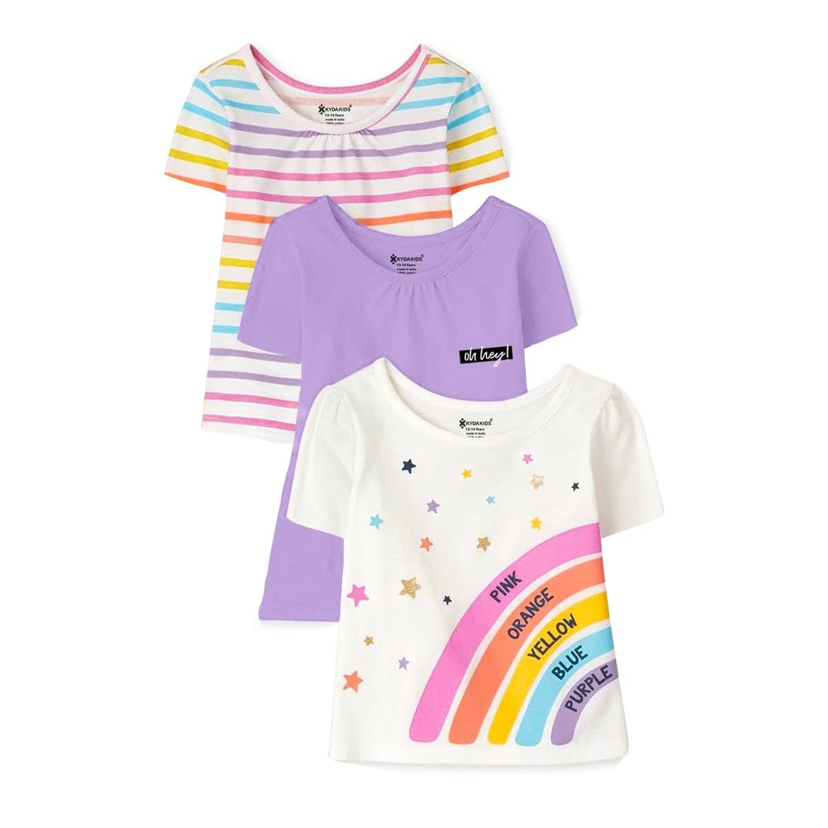 KYDA KIDS® Girls Premium 100% Cotton T Shirt | Antibacterial Printed Round Neck Half Sleeve Regular Fit Casual Summer Kids Top | Multicolor (Pack of 3)
