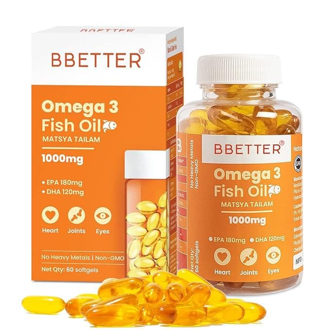 BBETTER Omega 3 Fish Oil Capsules 1000mg | Lab Tested Fish Oil Capsules | Lab Report Attached |High Absorption for Heart, Joints, Eyes & Brain | No Fishy Burps |180 EPA :120 DHA | 60 Softgels