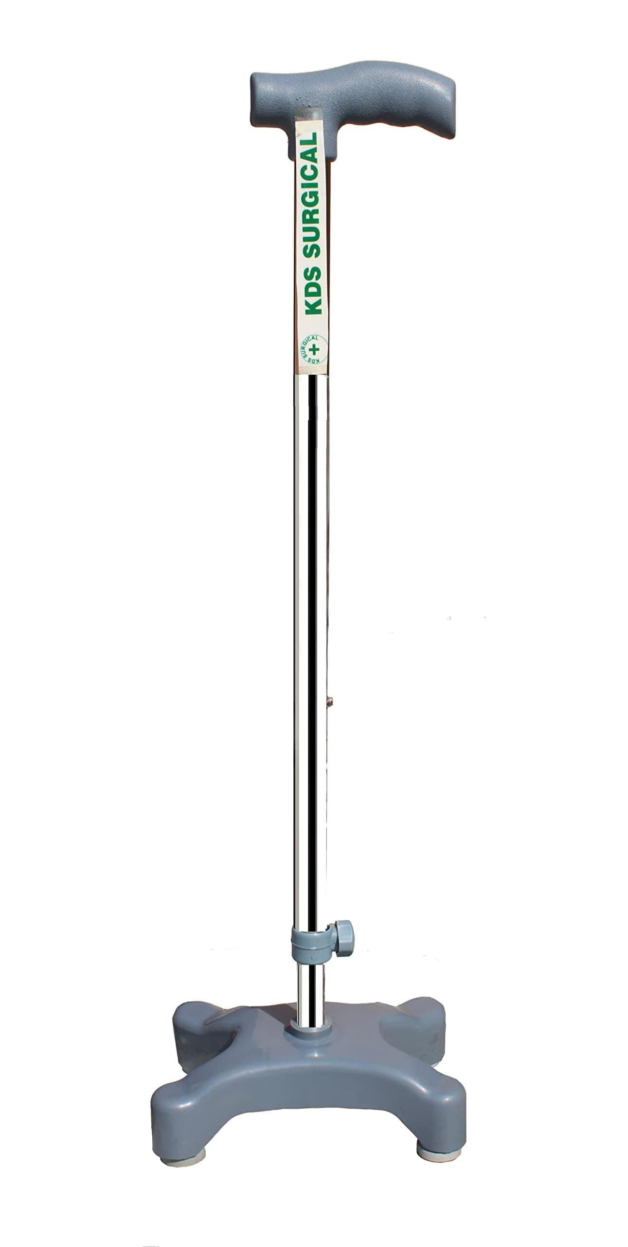Kds Surgical Quad Canes 4 Leg PVC Quadripod Chrome Height Adjustable Men Women Old People Patient Walking Stick - Grey and Steel (38 inch) 4 Leg Walking Cane for Men/Women,