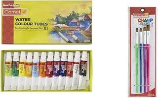 Camel Camlin Kokuyo Student Water Color Tube - 5Ml Each, 12 Shades & Camlin Champ Flast Brush Set - Pack of 4 (Multicolor)